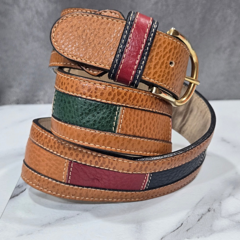 Womens Leather Belt Medium 31-34 Tan Colorblock Green Red Navy Equestrian